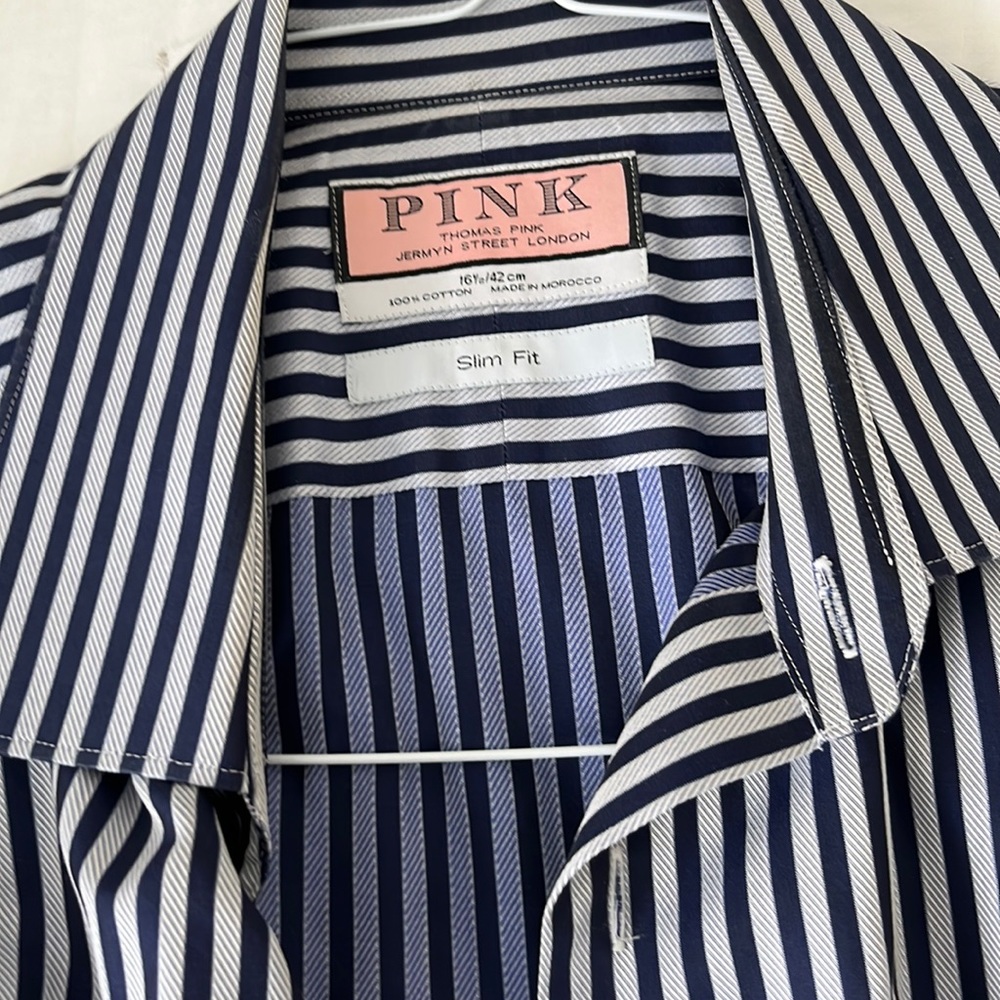 Navy blue and gray striped slim fit shirt in great condition.